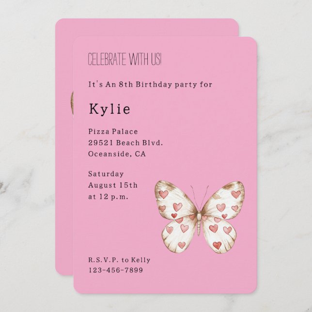 Pink Hearts Butterfly Geburtstag Einladung (Vorne/Hinten)