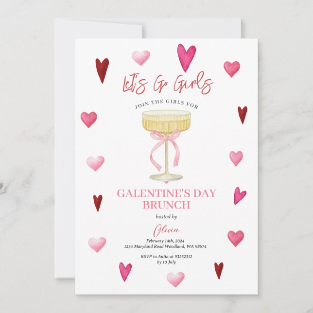 Pink Hearts & Champagne Glass Girls’ Night Einladung (Vorderseite)