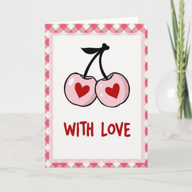Pink Hearts Cherries Love Card Karte (Vorderseite)