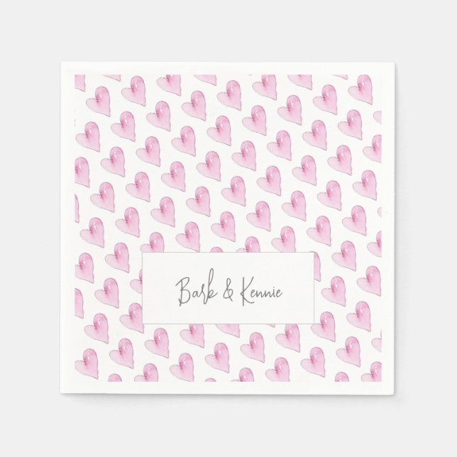 Pink Hearts COUPLE NAMES Liebe Wasserfarbe Kunst Serviette (Vorderseite)
