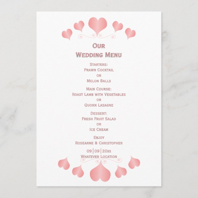 Pink Hearts Design Wedding Menükarte (Vorderseite)