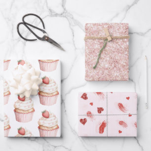 Pink Hearts Erdbeercupcake   Geschenkpapier Set