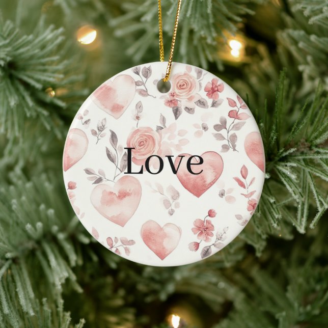 Pink Hearts & Flowers Love   Keramik Ornament (Baum)