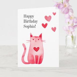 Pink Hearts Kitty Cat Geburtstag Karte