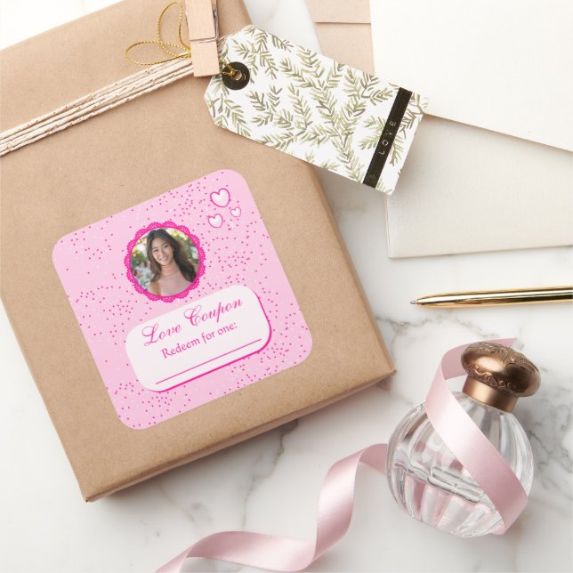 Pink Hearts Liebe Coupons mit Foto Quadratischer Aufkleber (Schenken)