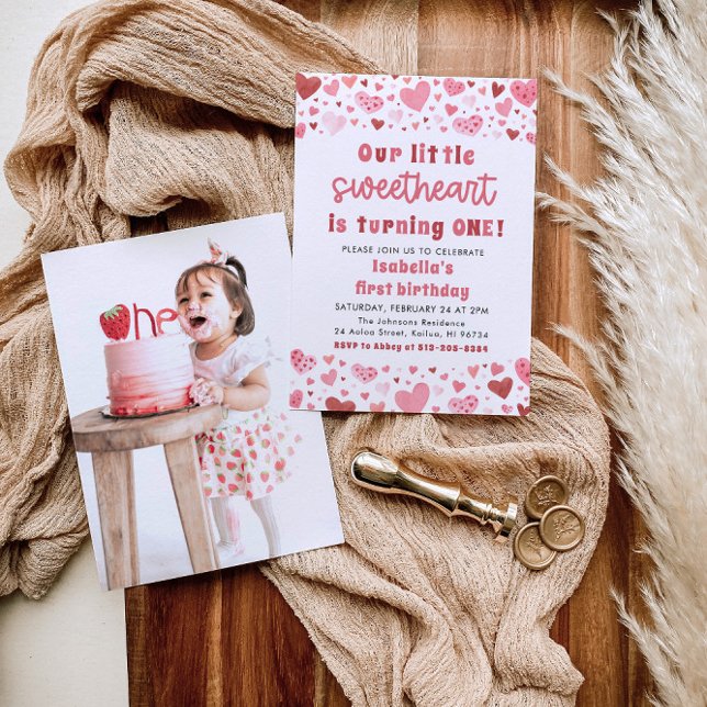Pink Hearts Little Sweetheart Foto Erster Geburtst Einladung (Von Creator hochgeladen)
