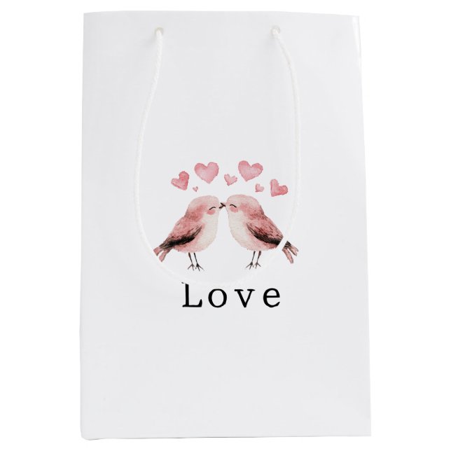 Pink Hearts Love Birds Valentine's Day Wedding Mittlere Geschenktüte (Vorderseite)
