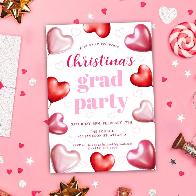 Pink Hearts Niedlich Stylish Graduation Party Einladung (Pink Cute Stylish Graduation Party Invitation)