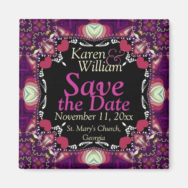 Pink Hearts on Black Save the Date Wedding Magnet (Vorne)