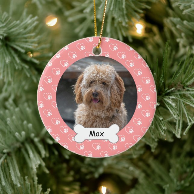 Pink Hearts Paws Custom Pet Puppy Dog Foto Keramik Ornament (Baum)