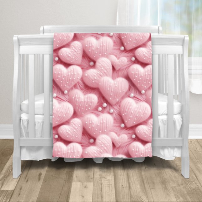 Pink Hearts Pearls Baby Fleecedecke (Adorable fluffy pink hearts and pearls baby blanket. You can add text and a color to the back.)