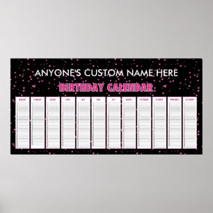 Pink Hearts Perpetual Birthday Calendar Poster