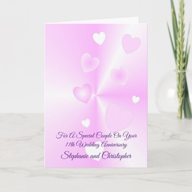 Pink Hearts Personalisiert 11. Hochzeitstag Karte (Vorderseite)