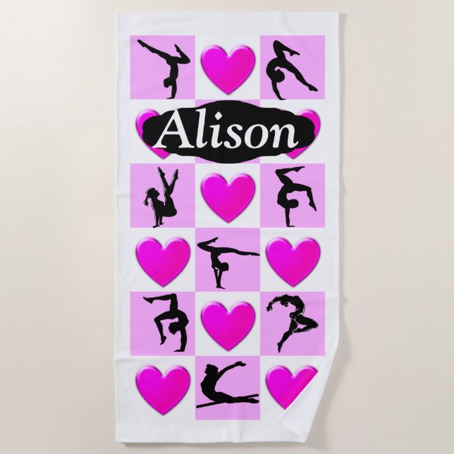 PINK HEARTS PERSONALISIERT GYMNASTICS BEACH TOWEL STRANDTUCH (Vorderseite)
