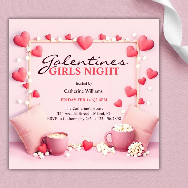 Pink Hearts Popcorn Galentine's Girls Night Party Einladung (Pink Hearts Popcorn Galentine's Girls Night Party Invitation)
