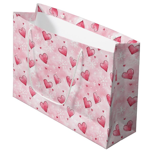 Pink Hearts Schneeflocken Weihnachten Große Geschenktüte (Vorderseite Schrägansicht)