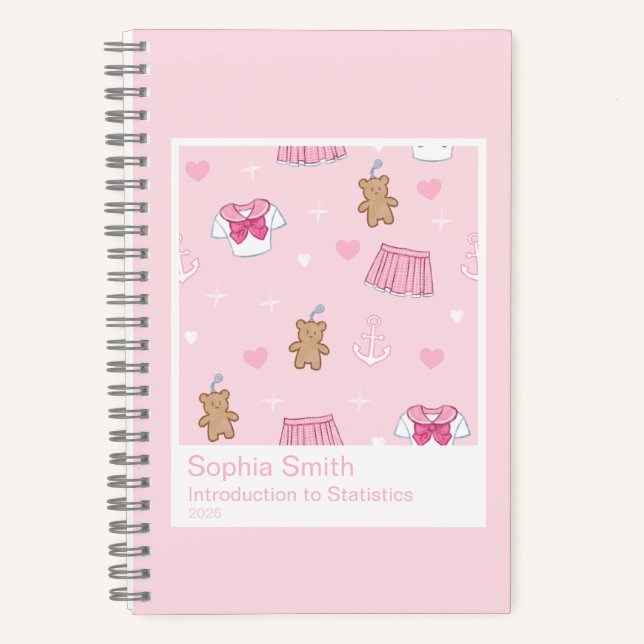 Pink Hearts & Teddy Bears Kawaii Kogal Pattern Notizbuch (Vorderseite)