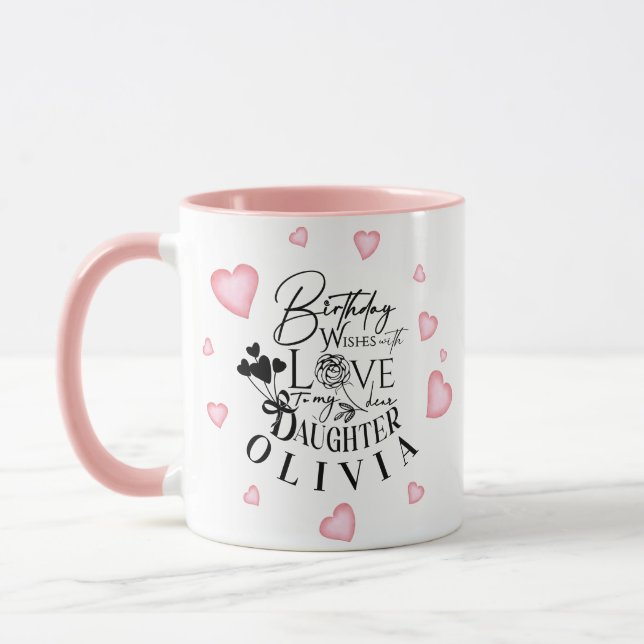 Pink Hearts Tochter Geburtstag Text Design Tasse (Links)