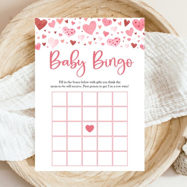 Pink Hearts Valentine Baby Bingo Baby Showspiel Einladung (Watercolor Cute Pink Red Hearts Valentine A Little Sweetheart Girl Baby Bingo Baby Shower Game)