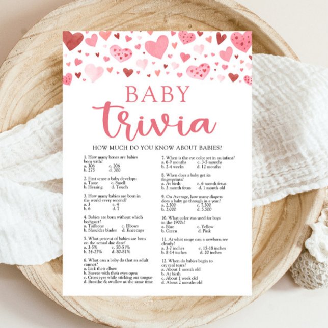 Pink Hearts Valentine Baby Trivia Baby Showspiel Einladung (Watercolor Cute Pink Red Hearts Valentine A Little Sweetheart Girl Baby Trivia Baby Shower Game)