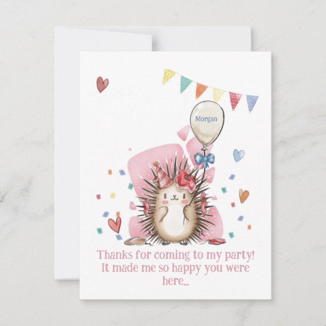Pink Hedgehog Children's Birthday Thank You Dankeskarte (Vorderseite)