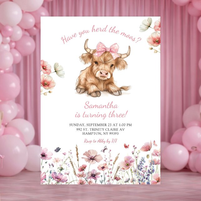 Pink Heifer Bull Floral Birthday Invitation Einladung (Von Creator hochgeladen)