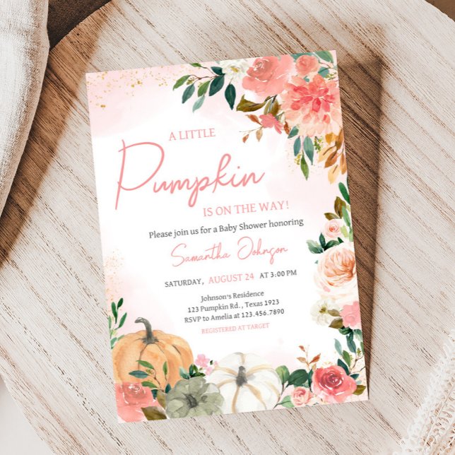 Pink Herbst Floral Pumpkin Baby Dusche Einladung (Autumn Floral Pumpkin Baby Shower Invitation)