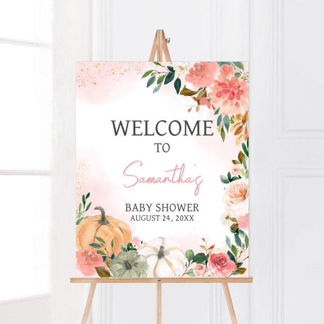 Pink Herbst Floral Pumpkin Willkommen Poster (Autumn Floral Pumpkin Baby Shower Welcome Sign)