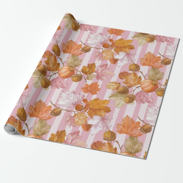 Pink Herbstleaves and Acorns Pattern - Fall Geschenkpapier (Ungerollt)
