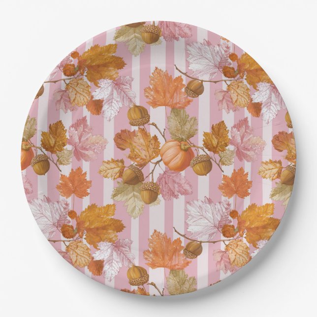 Pink Herbstleaves and Acorns Pattern - Fall Pappteller (Vorderseite)