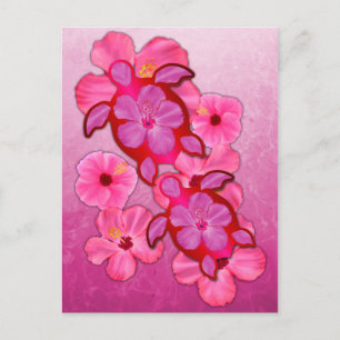 Pink Hibiscus And Honu Turtles Postkarte