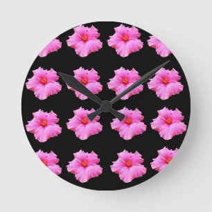 Pink Hibiscus Flowers On Black,_ Runde Wanduhr