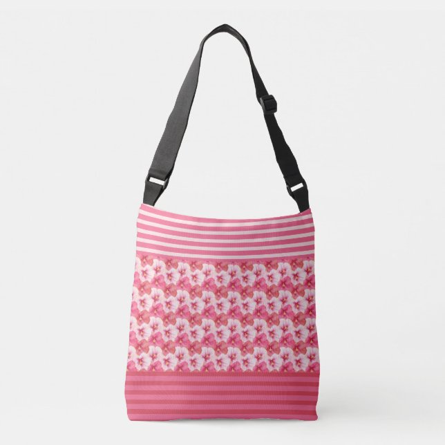 Pink Hibiscus Flowers & Stripes Floral Tote Tragetaschen Mit Langen Trägern (Vorderseite)