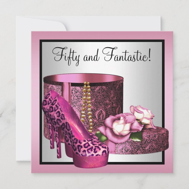 Pink High Heel Schuhe Frauen Leopard 50. Geburtsta Einladung (Vorderseite)