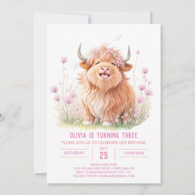 Pink Highland Cow Adventure Girl Birthday Einladung (Vorderseite)