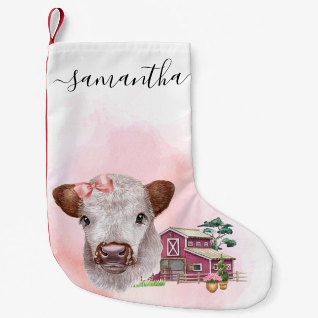 Pink Highland Cow Baby Cala Watercolor Kleiner Weihnachtsstrumpf (Vorderseite)