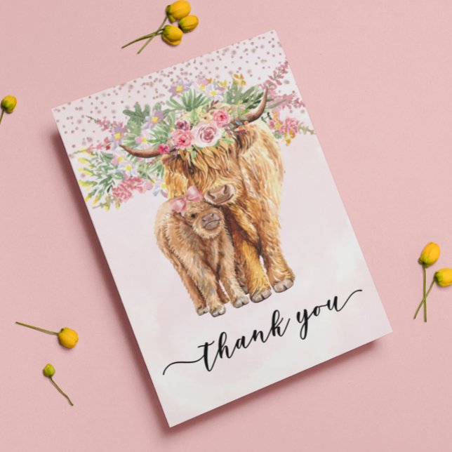Pink Highland Cow Baby Dusche Danke Karte (Von Creator hochgeladen)