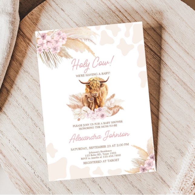 Pink Highland Cow Baby Dusche Einladung (Girl Holy Cow Baby Shower Invitation)