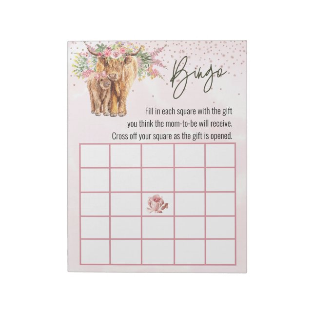 Pink Highland Cow Babydusche Bingo Game Notepad Notizblock (Rotiert)