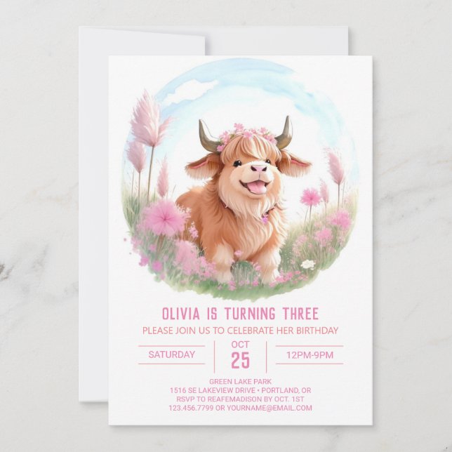 Pink Highland Cow Farmyard Magic Geburtstag Einladung (Vorderseite)