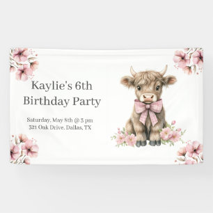 Pink Highland Cow Geburtstagspartei Banner