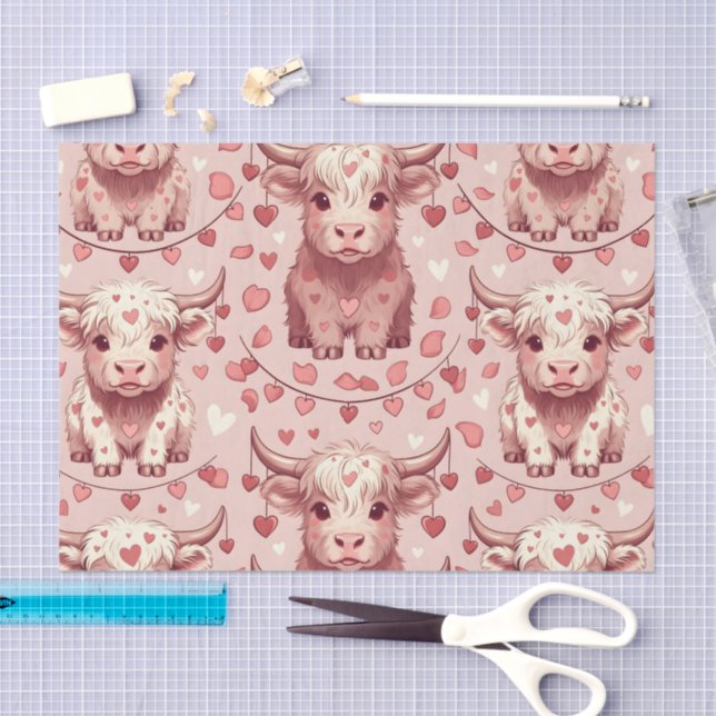 Pink Highland Cow Valentine Hearts Roses Seidenpapier (Handwerk)