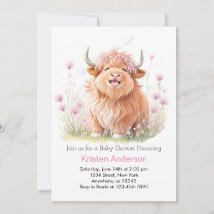 Pink Highland Cow Wildblume Girl Baby Dusche Einladung