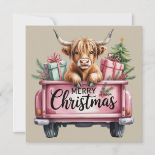 Pink Highland Cow Xmas Girly Fluffy Kuh in Lkw Feiertagskarte