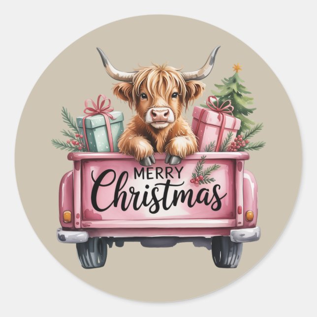 Pink Highland Cow Xmas Girly Fluffy Kuh in Lkw Runder Aufkleber (Vorderseite)