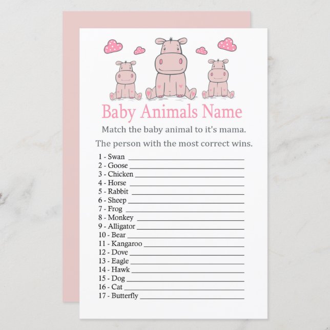 Pink Hippo Baby Animals Name Spiel (Vorne/Hinten)