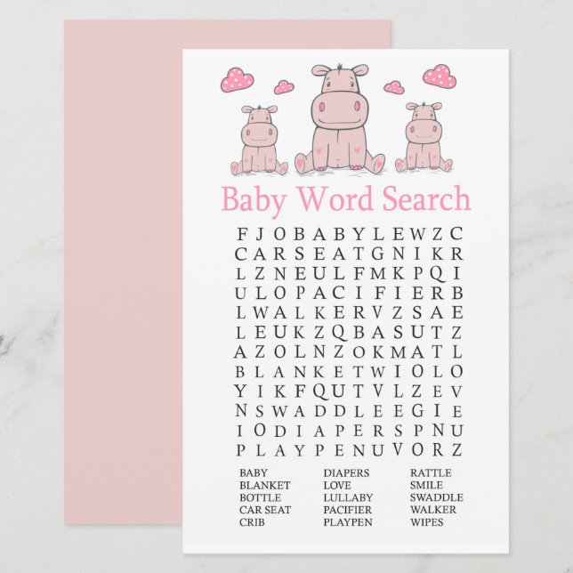 Pink Hippo Baby Dusche Word Search Game (Vorne/Hinten)
