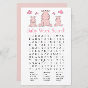 Pink Hippo Baby Dusche Word Search Game