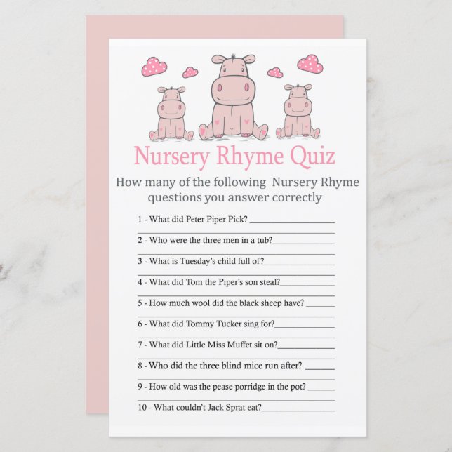Pink Hippo Kinderzimmer Rhyme Quiz Kinderduschensp (Vorne/Hinten)