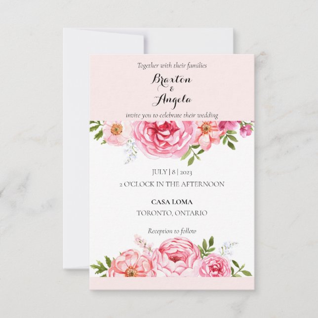 Pink-Hochzeitsempfang mit Blume individuell anpass Einladung (Vorderseite)